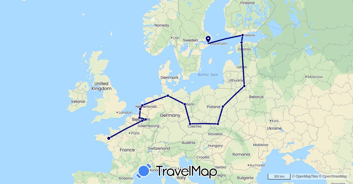 TravelMap itinerary: driving in Belgium, Czech Republic, Germany, Estonia, Finland, France, Lithuania, Netherlands, Poland, Sweden (Europe)